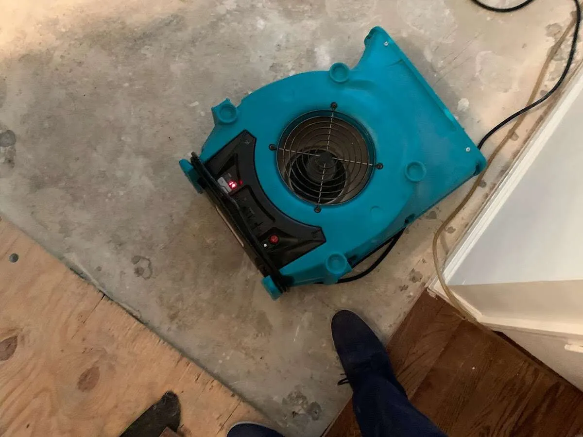 Air mover drying subfloor during Leak Detection & Repair in Fenton